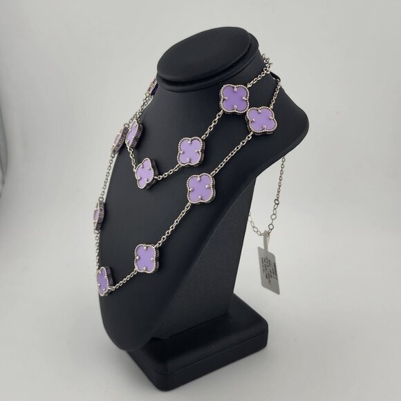 Brand New 925Sterling Silver Purple Clover 2pc Jewelry Set - Necklace & Bracelet - Picture 2 of 13